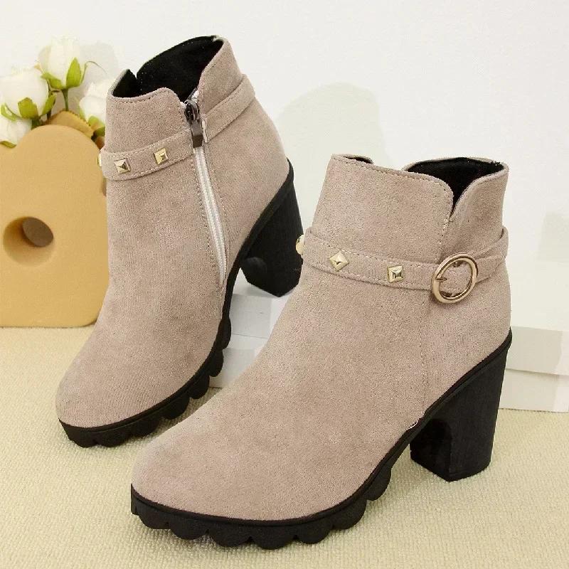 Модные женские ретро-ботфорты на высоком каблуке, женские высокие кожаные сапоги на квадратном каблуке, женские короткие ботильоны на круглом носке с заклепками на платформе 42