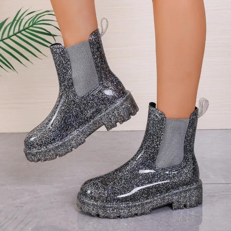 Современные ботинки из искусственной кожи, горячая распродажа, женская обувь на квадратном каблуке, зимние сексуальные женские ботинки без застежек на круглом носке и среднем каблуке 41